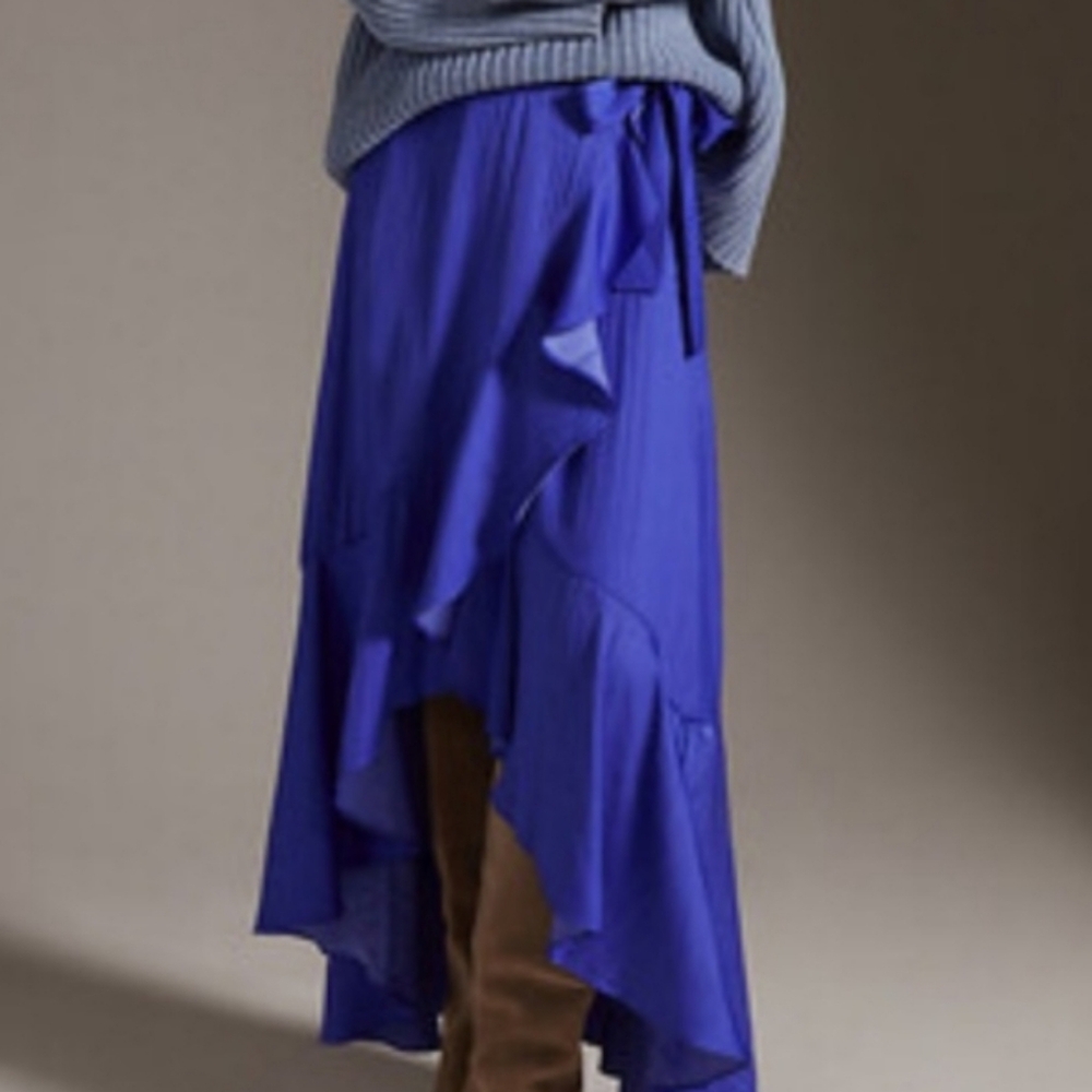 Anthropologie Elegant Blue Silky Wrap‎ Skirt Asymmetrical Ruffle Hem Peasant - Picture 16 of 16